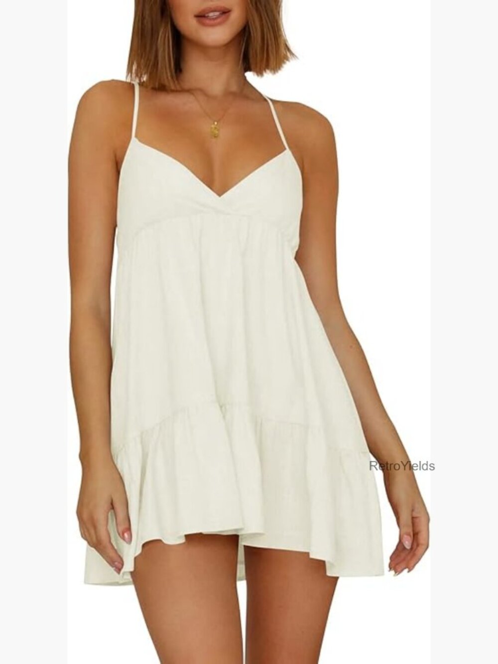 V Neck Crisscross Backless Mini Dress Swing Ruffle Hem Sleeveless